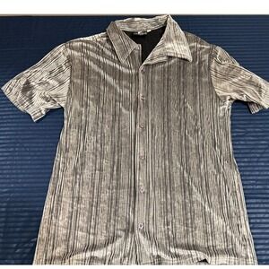 Positano‎ Mens Silver Black Pleated Velvet Short Sleeve Button Down Shirt M
